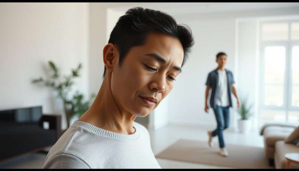 A calm, serene scene depicting the positive impact of "耳石復位" on everyday activities. In the foreground, a person performs a gentle head tilt exercise, their face peaceful and focused. Soft, warm lighting illuminates their figure, conveying a sense of healing and rejuvenation. In the middle ground, the person moves confidently through a minimalist, modern living space, unencumbered by the vestibular issues that had previously limited their mobility. The background suggests an expansive, airy environment, with hints of natural elements like plants or natural light, symbolizing the restored harmony and balance within the body.
