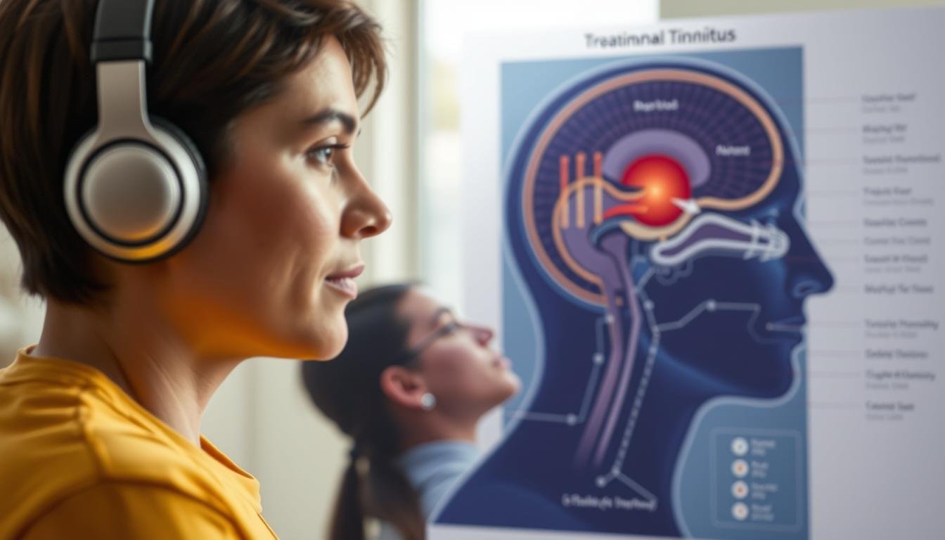 A detailed illustration of various methods for treating tinnitus, or ringing in the ears. The foreground depicts a person wearing noise-cancelling headphones, signifying the use of sound therapy. The middle ground showcases a person undergoing transcranial magnetic stimulation, a new rehabilitation technique for tinnitus. The background features a diagram of the inner ear, highlighting the complex anatomy involved in this condition. The scene is illuminated by soft, natural lighting, conveying a sense of serenity and hope for those seeking solutions to their persistent ear ringing. The overall composition emphasizes the comprehensive and innovative nature of tinnitus treatments.