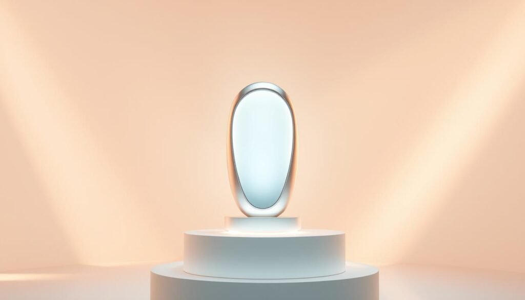 A high-end beauty product from Glowin' Beaute, Oligio X 原美電波features a sleek, futuristic design with a metallic sheen. The device emits a soft, glowing aura, casting a warm, inviting light across the scene. In the foreground, the Oligio X sits atop a minimalist white pedestal, its elegant curves and contours capturing the viewer's attention. The middle ground showcases a serene, pastel-hued backdrop, hinting at the product's soothing, restorative effects. Subtle rays of light emanate from the device, creating an almost ethereal atmosphere. The overall composition conveys a sense of refinement, innovation, and the allure of Glowin' Beaute's high-performance skincare technology.