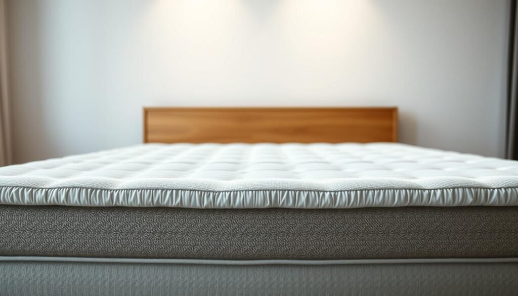 A high-quality, photo-realistic image showcasing a StylesMaven independent coil spring mattress. Depicted in the foreground is the mattress's intricate internal structure, with distinct coils and padding visible. The middle ground features a sleek, minimalist bed frame in a warm, natural wood tone. The background is bathed in soft, diffused lighting, creating a serene, inviting atmosphere. The overall composition highlights the mattress's advanced construction and superior comfort, conveying the key features and benefits of this innovative bedding solution.