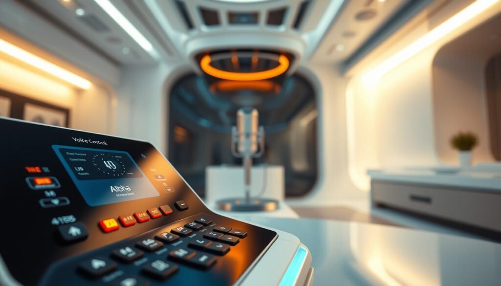 A highly detailed, technologically advanced LED voice control system with Aloha branding. In the foreground, a sleek, minimalist control panel with an array of LED indicators and touch-sensitive buttons. The middle ground features a microphone and speaker system for voice commands, captured in a mid-shot with a shallow depth of field. The background depicts a futuristic, clean interior with smooth surfaces and subtle lighting, creating a sense of digital sophistication. The entire scene is illuminated by warm, diffused lighting, casting a soft glow and evoking a cutting-edge, user-friendly atmosphere.