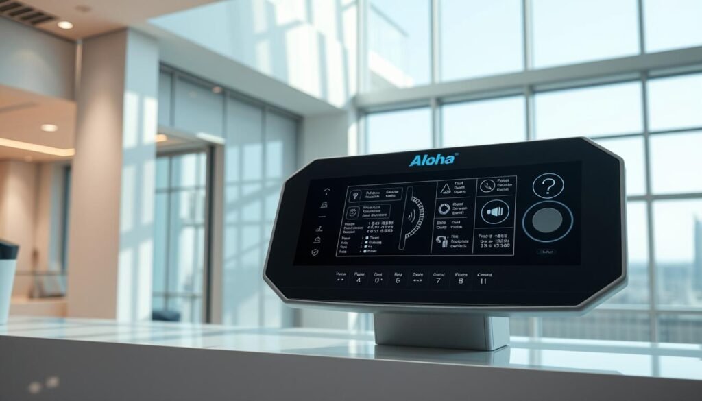 A sleek, futuristic control panel with a prominent Aloha logo, displaying an LED display showcasing intricate voice control commands. The panel is set against a backdrop of clean, minimalist architecture, with large windows allowing natural light to flood the space. The lighting is crisp and directional, highlighting the precise engineering and design of the control system. The overall atmosphere conveys a sense of advanced technology seamlessly integrated into a modern, high-tech environment, hinting at the potential for voice-controlled LED applications in smart home and building automation.