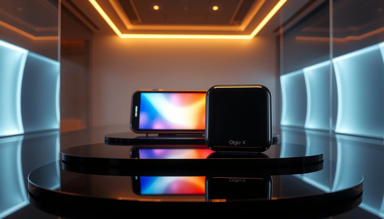 A sleek, glossy display showcasing the "Glowin' Beaute" brand's Oligio X 原美電波product. The foreground features the device in a minimalist, high-contrast design with clean lines and a striking metallic finish. The middle ground highlights the device's vibrant, color-shifting display, evoking a sense of technological prowess and visual allure. The background suggests a dimly lit, futuristic environment, with soft, diffused lighting illuminating the scene and creating an aura of sophistication and exclusivity. The overall atmosphere exudes a modern, high-end aesthetic that captures the essence of the Oligio X 原美電波's premium positioning and its ability to captivate users.