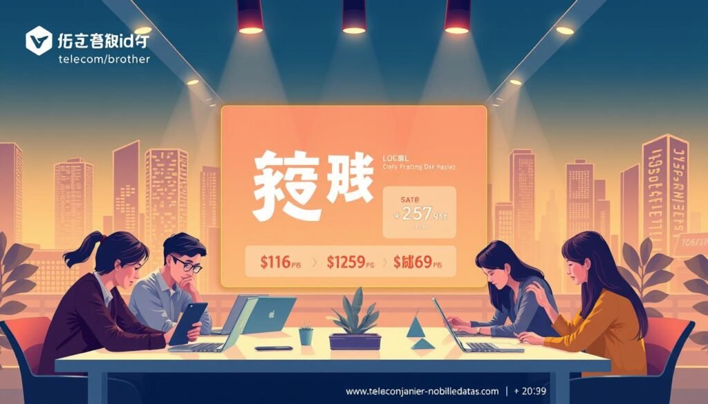 A vibrant, modern illustration showcasing the latest "Telecombrother" mobile data plan offers. In the foreground, a group of young professionals gathered around a table, laptops and smartphones in hand, immersed in digital tasks. The middle ground features a large, captivating display highlighting the "轉台優惠" details - eye-catching graphics, enticing pricing, and a clean, minimalist layout. The background is a sleek, urban cityscape, conveying a sense of progress and connectivity. Warm lighting casts a soft glow, creating a professional, yet inviting atmosphere. The overall composition emphasizes the fusion of technology, productivity, and the convenience of Telecombrother's latest promotional offerings.