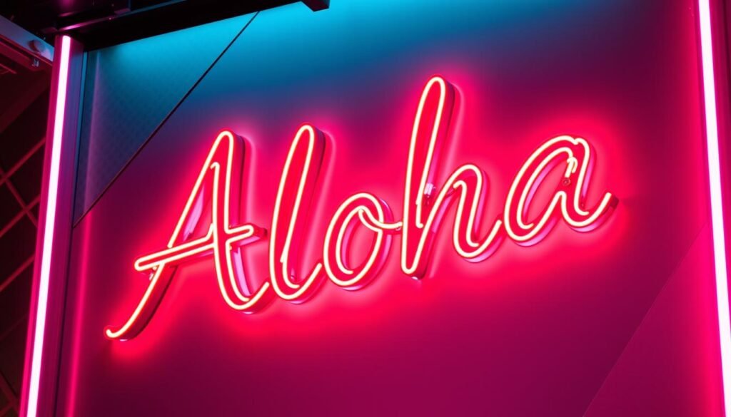 A vibrant neon sign display featuring the Aloha brand logo, set against a sleek, modern background with a mix of geometric shapes and gradient hues. The sign's neon tubes create an eye-catching, dynamic composition, with the letters glowing in a warm, inviting palette. The scene is lit from multiple angles, casting dramatic shadows and highlights that accentuate the sign's three-dimensional form. The overall atmosphere is one of contemporary sophistication and creative energy, perfectly suited to illustrate the section on "Creative Neon Sign Design Techniques and Methods".