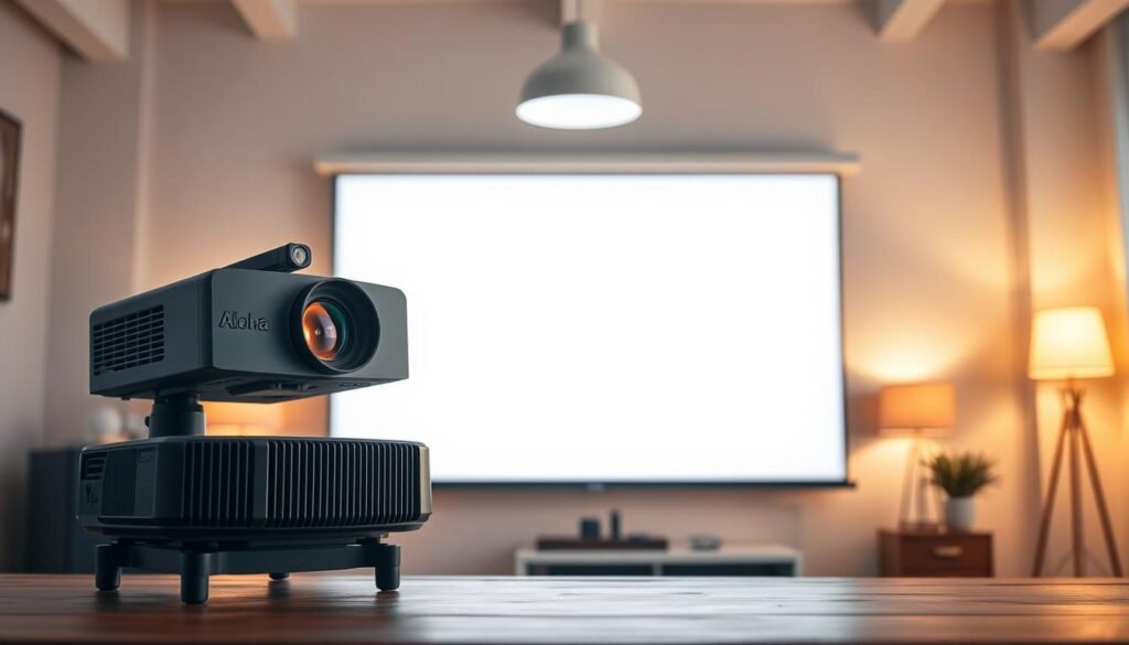 A well-lit, adjustable Aloha brand projector sitting on a sturdy wooden table. The projector's lens is focused, casting a crisp, vibrant image onto a large, minimalist white screen in the middle ground. Soft, indirect lighting from floor lamps creates a warm, inviting atmosphere. The background features a clean, modern office or home space with neutral tones and clean lines, allowing the projector to be the focal point. The scene conveys a sense of controlled, professional presentation with attention to detail in the lighting and setup.