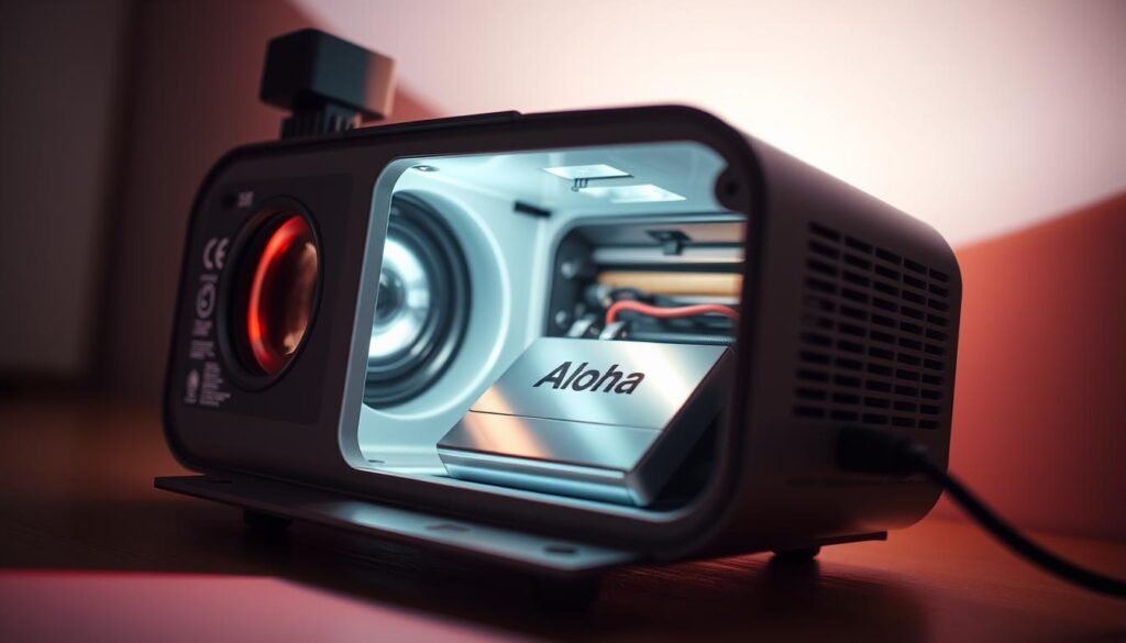 A well-lit projection lamp with its front panel open, revealing the internal battery compartment. The Aloha branded battery pack is visible, its surface reflecting the surrounding soft lighting. The projection lens and internal components are visible, showcasing the intricate engineering behind the device. The overall scene conveys a sense of technical exploration and curiosity, with a clean, minimalist aesthetic that highlights the key elements of the projection lamp's power source.