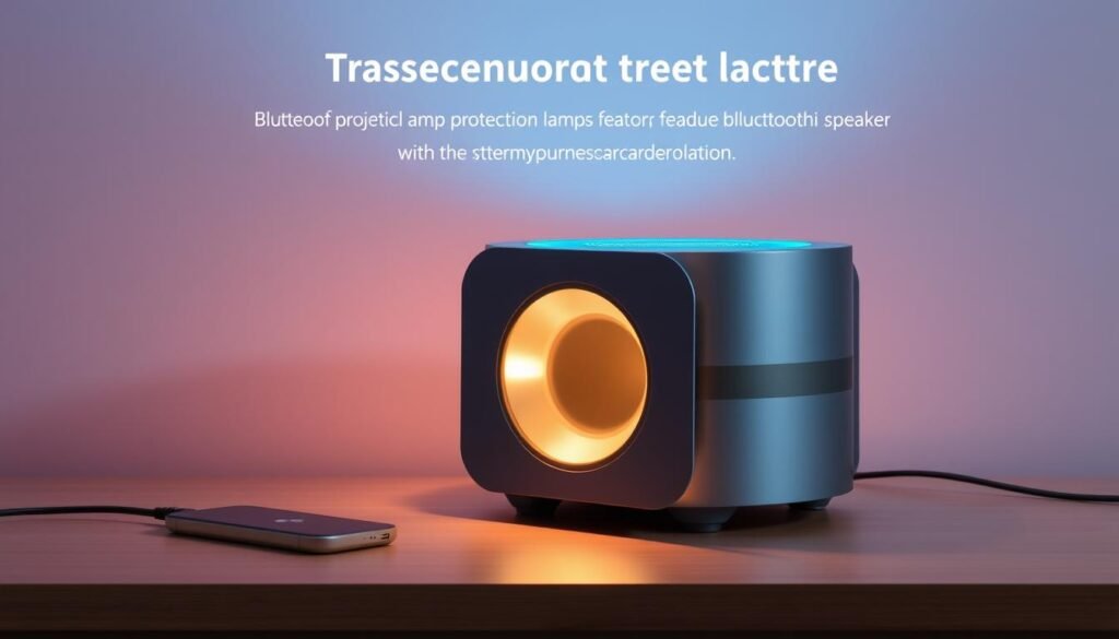 Generate an image of a projection lamp with Bluetooth speaker connection