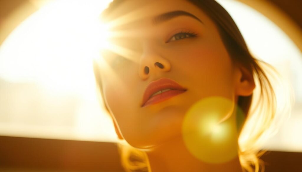 Oligio X 原美電波with a glowing, ethereal radiance emanating from the center, illuminating the skin with a soft, luminous hue. The foreground features a close-up view of a model's face, showcasing the immediate effects of the Glowin' Beaute product. The middle ground captures the model's expression, conveying a sense of tranquility and relaxation. The background is blurred, creating a dreamlike atmosphere that enhances the focus on the product's transformative power. Captured with a shallow depth of field, using warm, diffused lighting to accentuate the product's glow.