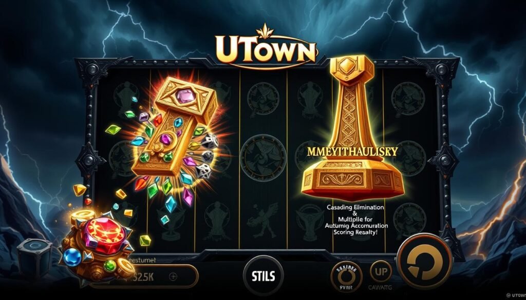 A complex and dynamic game console interface, designed with intricate mechanics and visuals evocative of the mighty Thor's hammer. In the foreground, a detailed illustration of the game's "Cascading Elimination" feature, with gems and runes swirling in a dazzling display of power. The middle ground showcases the "Multiplier Accumulation" system, represented by a towering, gleaming hammer that amplifies scoring potential. The background features the UTown logo, set against a moody, atmospheric landscape of thunderclouds and bolts of electricity, hinting at the high-stakes, high-volatility action within the game.