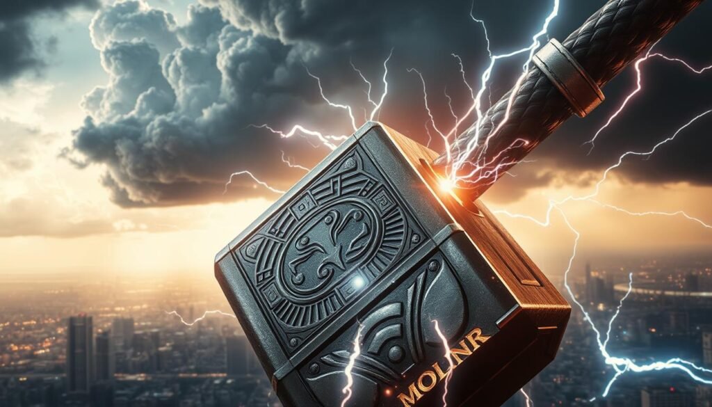 A dramatic scene depicting the legendary Thor's Hammer, &quot;Mjolnir&quot;, unleashing a powerful shockwave of energy. Towering storm clouds loom overhead, casting a foreboding atmosphere. In the foreground, the hammer's metallic surface gleams under intense lighting, its intricate runes pulsing with mystic power. The hammer appears to be in the midst of a charging or discharging sequence, with bolts of electricity crackling around it. In the background, a sprawling cityscape of the UTown megacity is visible, hinting at the grand scale and impact of this divine weapon's abilities. The overall mood is one of awe-inspiring power and the tension of a climactic moment.