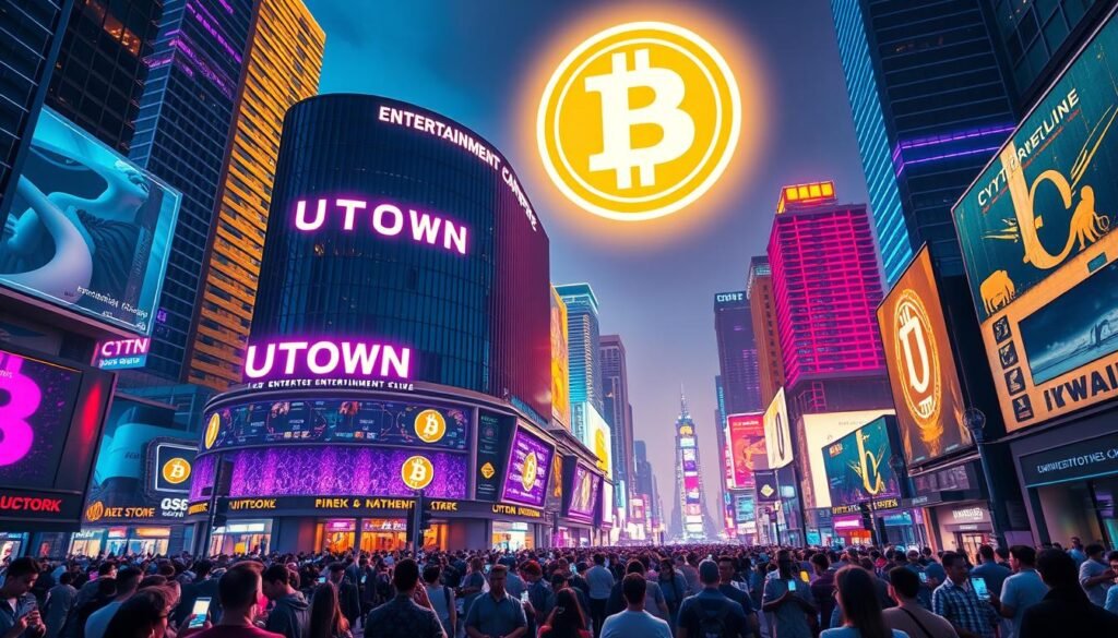 A dynamic cityscape with a towering UTown entertainment complex, its sleek facade adorned with glowing cryptocurrency symbols. In the foreground, a throng of people engage in digital transactions, their devices casting a futuristic glow. The bustling streets are flanked by neon-tinged skyscrapers, creating an atmosphere of technological innovation and financial progression. Vibrant hues of blue, purple, and gold illuminate the scene, conveying a sense of digital prosperity. Overhead, a luminous cryptocurrency logo hovers, symbolizing the integration of virtual currency within the heart of this urban landscape.