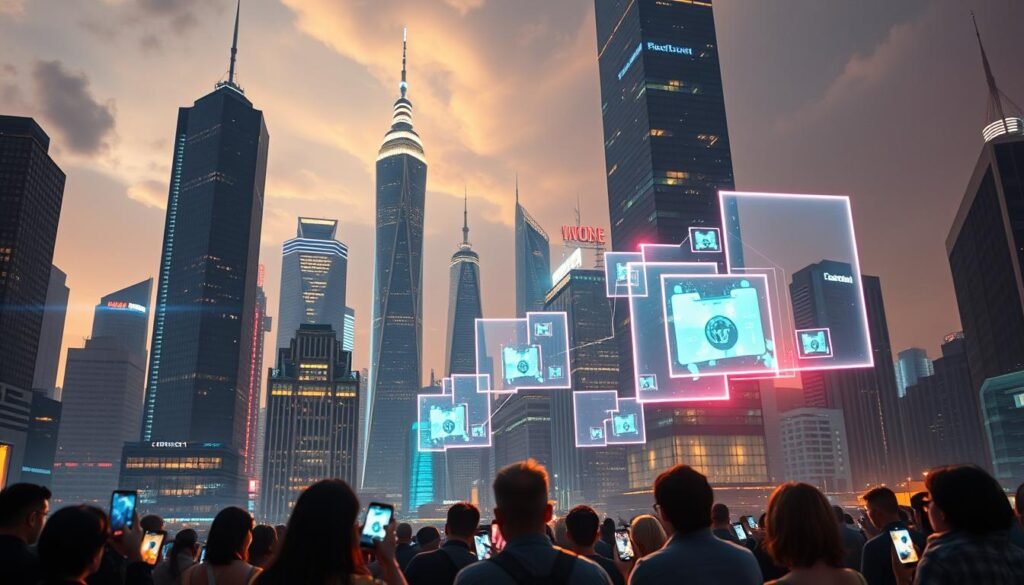 A futuristic cityscape with towering skyscrapers, pulsing with the energy of Telecombrother's 5G data sharing service. Glowing holographic displays float in the air, visualizing the seamless flow of information between devices. In the foreground, a group of people using their smartphones, their faces illuminated by the vibrant colors of the digital interfaces. The scene is bathed in a warm, ambient light, creating a sense of technological harmony and progress. The composition emphasizes the scale and integration of the 5G network, capturing the essence of this innovative data sharing service.