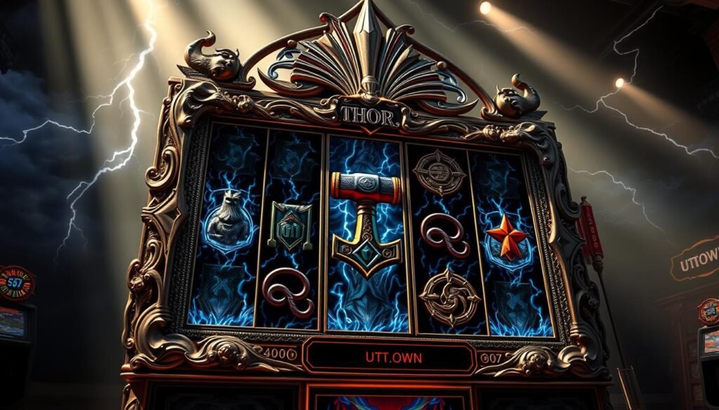 A grand and ornate slot machine, its metallic frame adorned with intricate carvings of lightning bolts and mythical beasts. The machine's reels feature bold, stylized symbols of the mighty Thor's hammer, Mjolnir, against a backdrop of swirling storm clouds. Dramatic lighting casts dramatic shadows, lending an air of power and spectacle to the scene. The machine stands tall and imposing, a testament to the UTown brand's commitment to immersive gaming experiences. Surrounding the machine is a richly detailed environment, hinting at the grandeur of the Norse pantheon's domain.