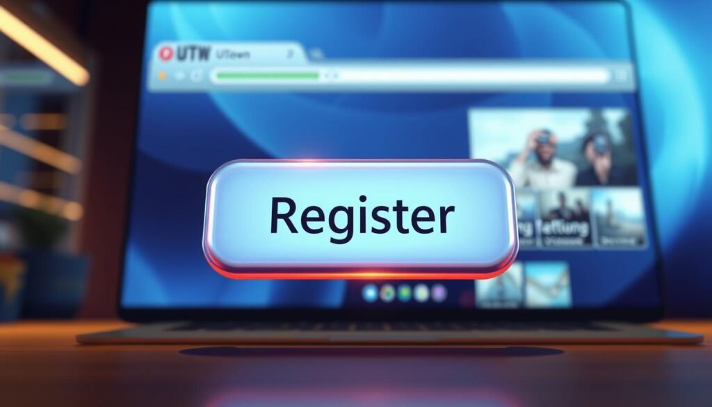 A high-quality, visually striking digital illustration of a prominent "Register" button in the foreground, against a backdrop of a sleek, modern web interface featuring the UTown brand logo. The button should have a clean, minimalist design with a distinct call-to-action feel, inviting the user to click and proceed with the registration process. The lighting should be soft and natural, creating depth and emphasizing the button's tactile quality. The overall composition should be balanced and visually appealing, capturing the essence of the "Step 2: Click the Register Button" section of the article.