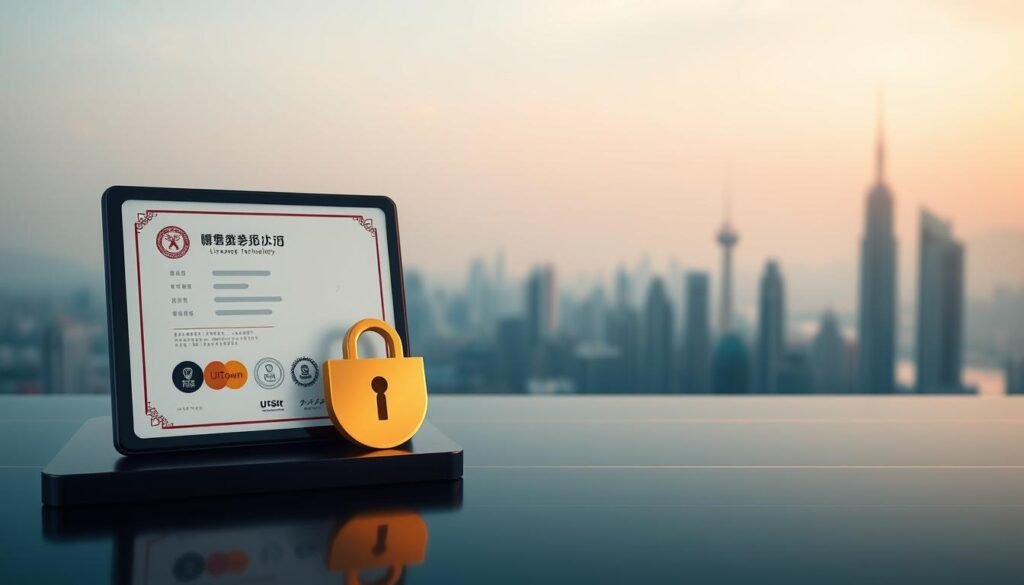 A high-resolution image of a secure digital platform for USDT gaming, featuring a sleek and modern user interface. In the foreground, a stylized representation of a license certificate and encryption technology icons, conveying trust and safety. The middle ground showcases a seamless payment flow, with the UTown brand prominently displayed. The background depicts a serene, minimalist cityscape, suggesting a secure and reliable digital environment. The lighting is soft and evenly distributed, creating a calm and professional atmosphere. The overall composition emphasizes the harmony between regulatory compliance, advanced security measures, and a user-friendly interface.