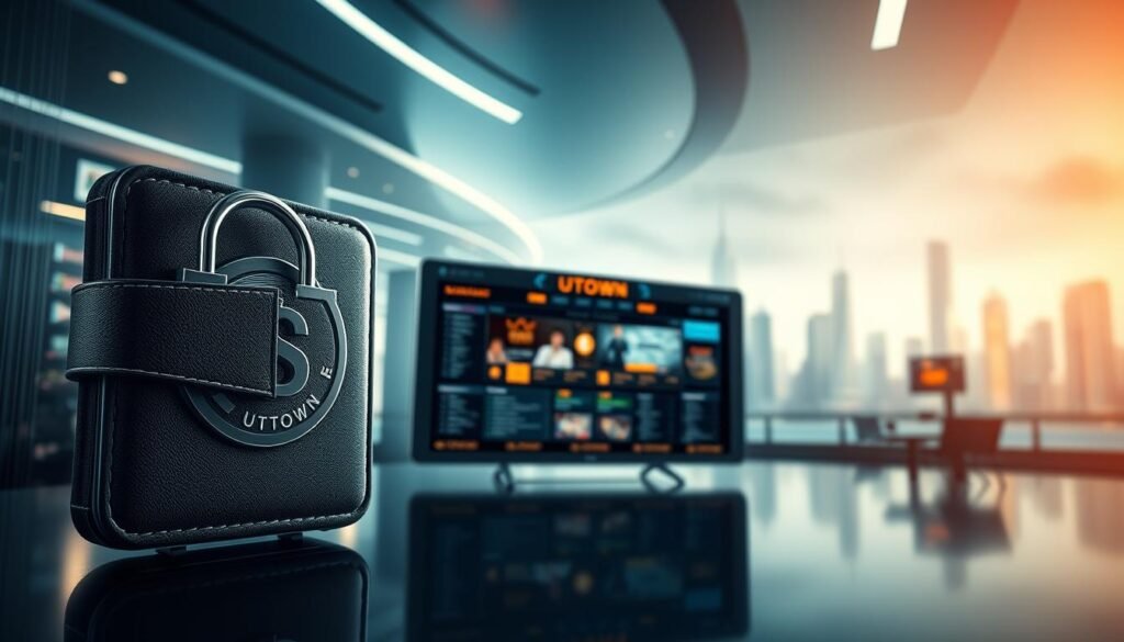 A serene and modern-looking UTown casino gaming hub, with a sleek and secure-looking interface. The foreground features a close-up view of an encrypted USDT cryptocurrency wallet, its digital security measures highlighted. The middle ground showcases a well-regulated gaming platform, its licensing and compliance details prominently displayed. The background depicts a futuristic cityscape, conveying a sense of technological sophistication and consumer trust. Soft, directional lighting illuminates the scene, creating a sophisticated and trustworthy atmosphere. The overall composition emphasizes the safety, reliability, and regulatory transparency of the USDT-powered UTown entertainment ecosystem.