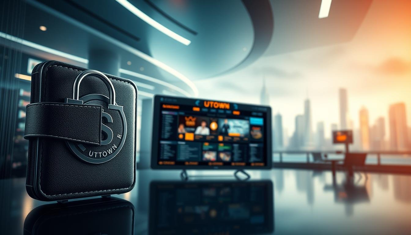 A serene and modern-looking UTown casino gaming hub, with a sleek and secure-looking interface. The foreground features a close-up view of an encrypted USDT cryptocurrency wallet, its digital security measures highlighted. The middle ground showcases a well-regulated gaming platform, its licensing and compliance details prominently displayed. The background depicts a futuristic cityscape, conveying a sense of technological sophistication and consumer trust. Soft, directional lighting illuminates the scene, creating a sophisticated and trustworthy atmosphere. The overall composition emphasizes the safety, reliability, and regulatory transparency of the USDT-powered UTown entertainment ecosystem.