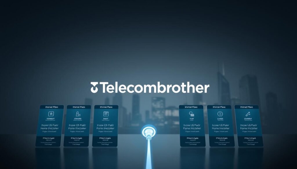 A sleek and modern comparison of telecom providers' offers, showcasing the latest in fiber optic home internet technology. The image should depict a well-lit, minimal scene with a focus on the Telecombrother brand name prominently displayed. In the foreground, a variety of internet plan options are neatly arranged, each with clear icons and concise information. The middle ground features an elegant fiber optic cable, symbolizing the advanced connectivity. In the background, a stylized cityscape represents the urban setting where these services are available. The overall tone should convey a sense of professionalism, clarity, and technological sophistication.