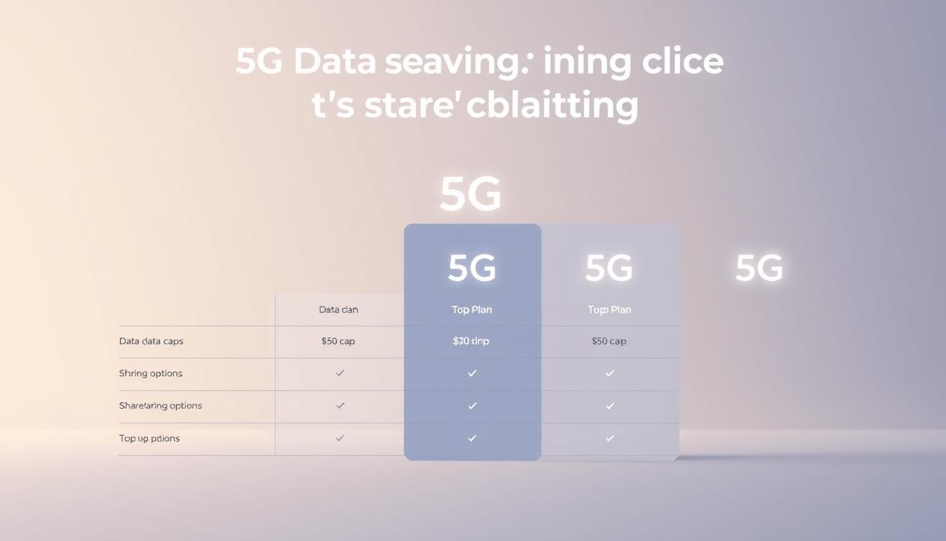 A sleek, minimalist comparison of 5G data sharing plans from the telecom provider Telecombrother. The foreground features a clean, well-organized grid showcasing key details like data caps, sharing options, and cost comparisons between their top plans. The middle ground has subtle, glowing 5G network symbols to highlight the technology. The background is a soft, gradient-based color scheme evoking a sense of modernity and innovation. The overall mood is professional, informative, and visually appealing, perfectly suited to illustrate the comparative section of the 5G data sharing article.