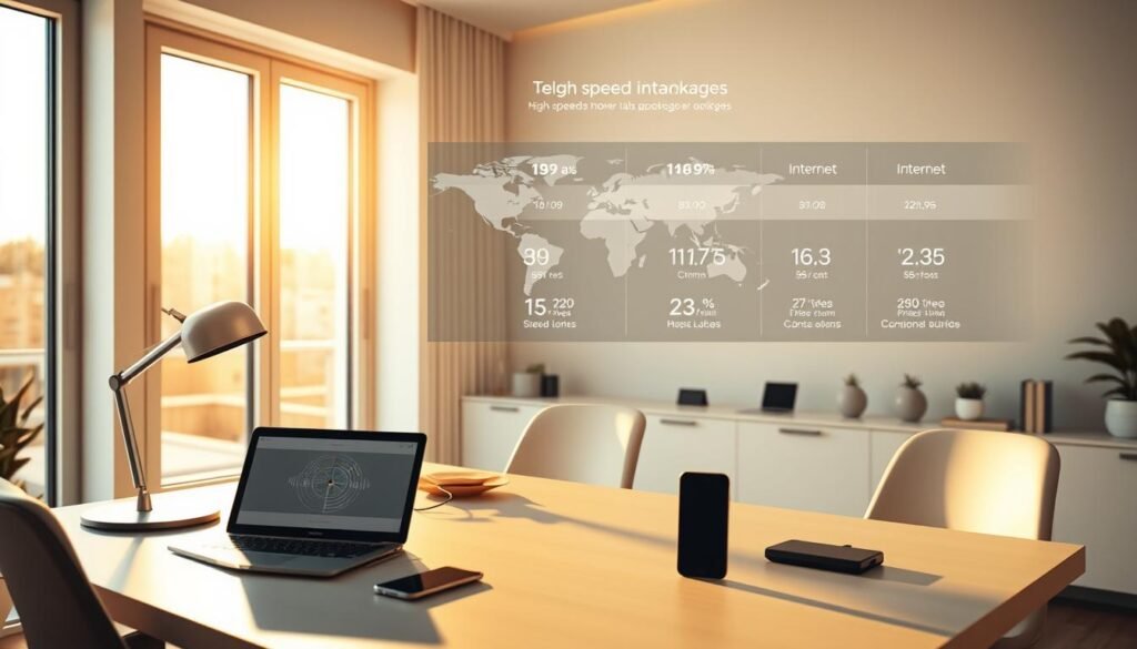 A sleek, modern home office interior with an array of devices showcasing Telecombrother's high-speed internet packages. The desk features a laptop, tablet, and smartphone, all connected seamlessly. The room is bathed in warm, natural lighting from large windows, highlighting the clean, minimalist design. In the background, a stylized world map or infographic compares the internet speeds and plans offered by Telecombrother and its competitors, creating a sense of informative comparison. The overall mood is one of efficiency, connectivity, and informed consumer choice.
