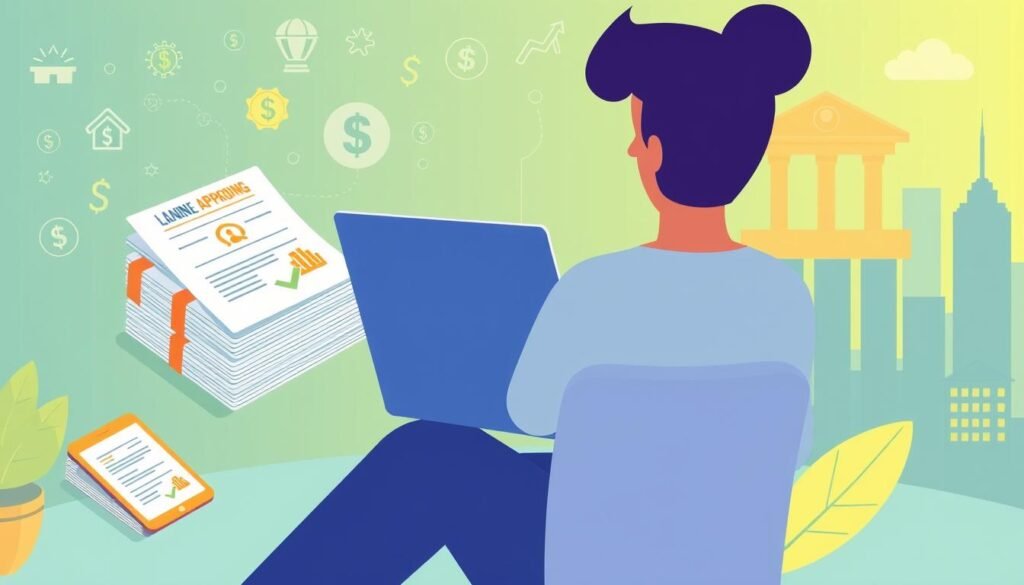 A vibrant and modern digital illustration showcasing the advantages of online lending compared to traditional bank loans. The foreground depicts a person sitting at a laptop, effortlessly navigating an intuitive online loan application interface. The middle ground features a stack of approved loan documents and a mobile device, symbolizing the speed and convenience of the digital lending process. In the background, banking icons and a city skyline provide a contextual backdrop, highlighting the accessibility and flexibility of online lending as a financial solution. The overall composition conveys a sense of empowerment, efficiency, and the innovative nature of digital lending options.