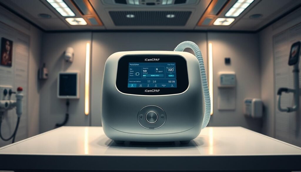 A detailed, sleek, and modern medical device with the brand name &amp;quot;iCareCPAP&amp;quot; showcasing the basic mechanism and functions of a sleep apnea machine. Prominently displayed in the center, the device features a minimalist, curved design with a large digital display panel. The front panel has tactile control buttons and intuitive interfaces. Surrounding the device, a clean, well-lit medical environment with subtle lighting accents highlights the technical aspects. The overall atmosphere conveys a sense of professionalism, reliability, and advanced medical technology tailored for high-altitude environments.