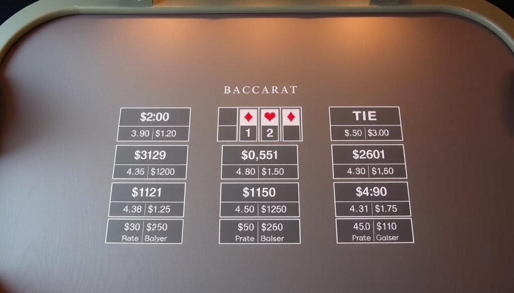 A neatly arranged table showcasing the various betting options in the classic casino game of Baccarat. The layout is clean and minimalist, with crisp lines and a neutral color palette that exudes a sense of sophistication. The different bet types, such as Player, Banker, and Tie, are clearly delineated and their relative odds and payouts are displayed in a visually striking manner. The overall composition conveys a sense of order and precision, reflecting the structured nature of the game's rules and strategies. Subtle lighting from above casts a warm, inviting glow, setting the scene for an immersive gameplay experience.