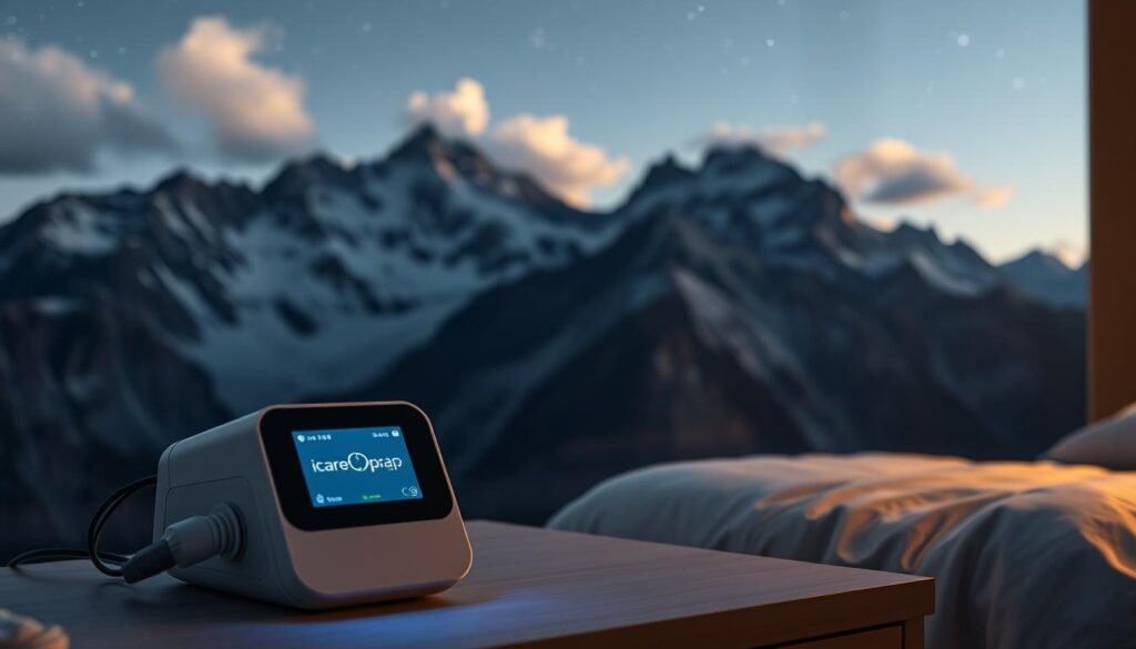 A sleek, high-altitude, iCareCPAP sleep apnea machine rests on a nightstand against a majestic mountain backdrop. The device's modern, minimalist design features a soft, ambient glow emanating from its display, casting a warm, soothing light across the tranquil scene. Wispy clouds drift through a starry sky, hinting at the thin, oxygen-depleted air at this high elevation. The machine's precision engineering and advanced respiratory monitoring technology are ready to provide reliable performance, even in this challenging environment.