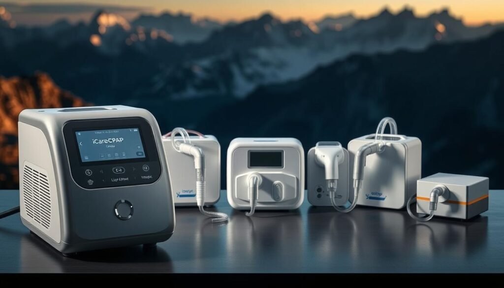A well-lit, high-resolution image of the iCareCPAP sleep apnea machine in the foreground, showcasing its sleek, modern design and intuitive controls. In the middle ground, a selection of alternative CPAP devices from different brands, allowing for a comparative analysis. The background should depict a serene, high-altitude landscape, such as a mountainous region, to emphasize the performance of these machines in challenging environments. The overall mood should convey a sense of thoughtful consideration and informed decision-making for the viewer.