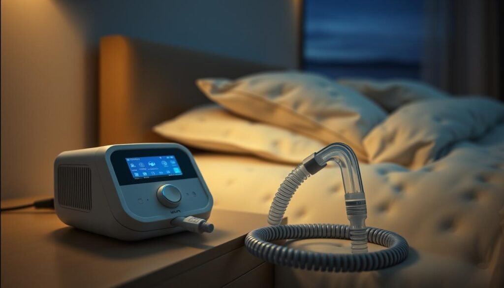 A well-designed sleep apnea device, the iCareCPAP, rests on a nightstand. The device's sleek white housing and intuitive control panel are visible, showcasing its user-friendly interface. In the foreground, the device's air hose and nasal mask are prominently displayed, highlighting its key function in delivering continuous positive airway pressure (CPAP) during sleep. The middle ground features a softly lit, calming bedroom environment, with subtle patterns on the bedding and a warm, ambient lighting that sets a soothing mood. The background subtly depicts a restful, serene night sky, conveying the device's role in promoting healthy, uninterrupted slumber. A well-designed sleep apnea device, the iCareCPAP, rests on a nightstand. The device's sleek white housing and intuitive control panel are visible, showcasing its user-friendly interface. In the foreground, the device's air hose and nasal mask are prominently displayed, highlighting its key function in delivering continuous positive airway pressure (CPAP) during sleep. The middle ground features a softly lit, calming bedroom environment, with subtle patterns on the bedding and a warm, ambient lighting that sets a soothing mood. The background subtly depicts a restful, serene night sky, conveying the device's role in promoting healthy, uninterrupted slumber.