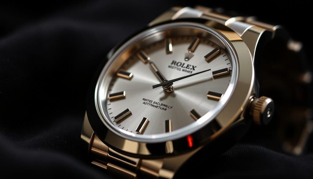A close-up shot of a luxurious Rolex watch made from white gold and stainless steel, showcasing its intricate details and craftsmanship. The foreground features the watch face with a gleaming silver hue, perfectly reflecting light, set against a soft-focus black velvet background. The watch's elegant hour markers and hands should be clearly visible, emphasizing its precision. Soft, diffused lighting illuminates the watch, creating a sense of sophistication and luxury. The image should convey a feeling of exclusivity and timeless elegance, highlighting the unique blend of white gold and steel. Use a shallow depth of field to keep the focus sharp on the watch while the background fades smoothly, enhancing the luxurious appeal.