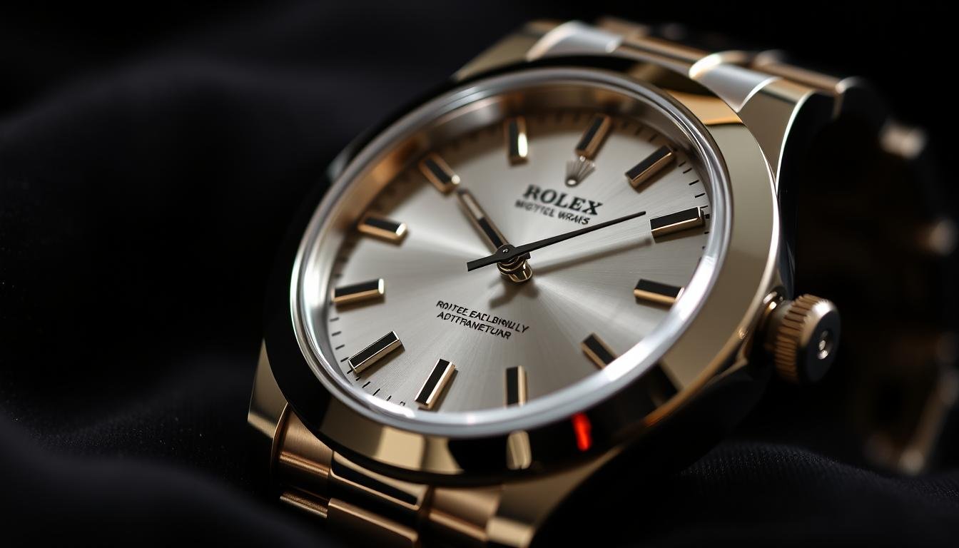 A close-up shot of a luxurious Rolex watch made from white gold and stainless steel, showcasing its intricate details and craftsmanship. The foreground features the watch face with a gleaming silver hue, perfectly reflecting light, set against a soft-focus black velvet background. The watch's elegant hour markers and hands should be clearly visible, emphasizing its precision. Soft, diffused lighting illuminates the watch, creating a sense of sophistication and luxury. The image should convey a feeling of exclusivity and timeless elegance, highlighting the unique blend of white gold and steel. Use a shallow depth of field to keep the focus sharp on the watch while the background fades smoothly, enhancing the luxurious appeal.