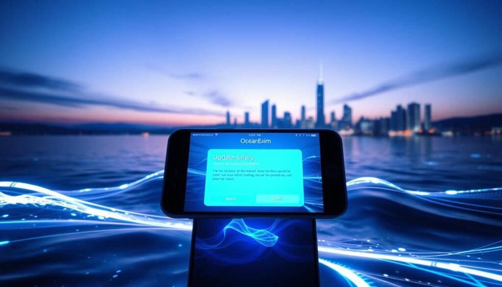 A futuristic digital landscape showcasing an advanced mobile interface with the title "OceanEsim System Update Safety". In the foreground, a virtual representation of a smartphone displaying a sleek, user-friendly update notification. The middle ground features a vibrant, glowing ocean and abstract digital waves, symbolizing stability, security, and connectivity. In the background, a skyline of modern city architecture under a twilight sky with soft gradients of blue and purple, suggesting innovation and a sense of calm. The lighting is ambient, with soft reflections on water, creating a serene atmosphere. The overall mood is professional and optimistic, emphasizing the importance of timely updates for mobile systems, conveying a safe and secure digital experience.