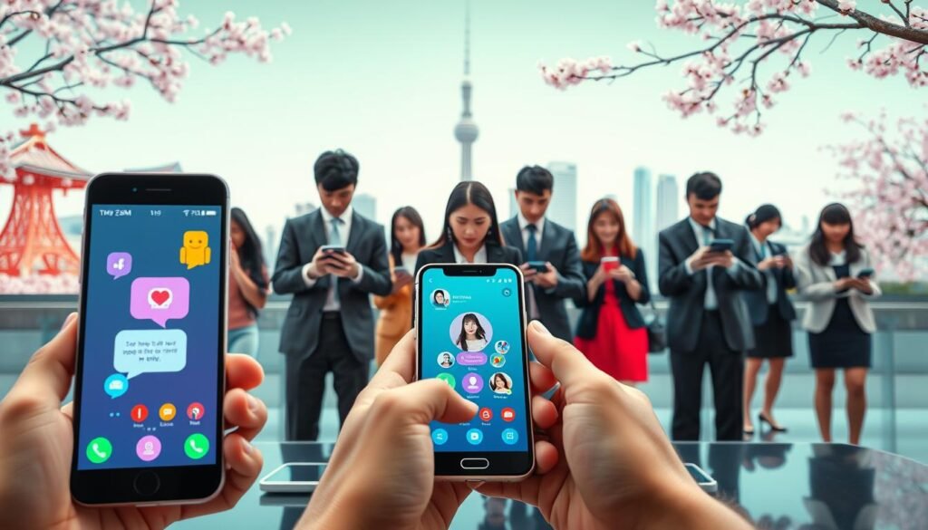 A modern digital landscape showcasing the advantages of Japanese eSIM technology. In the foreground, sleek smartphones displaying vibrant icons of messaging and video calls, emphasizing their functionality and convenience. The middle ground features a group of diverse professionals in smart business attire, engaging with their devices, exuding a sense of connectivity and collaboration. The background illustrates iconic Japanese elements, like the Tokyo skyline or cherry blossoms, blending innovation with tradition. Utilize bright, natural lighting to evoke an inviting and professional atmosphere, shot at eye level to create an immersive experience. The overall mood should feel dynamic and futuristic, highlighting the seamless integration of technology in daily life.