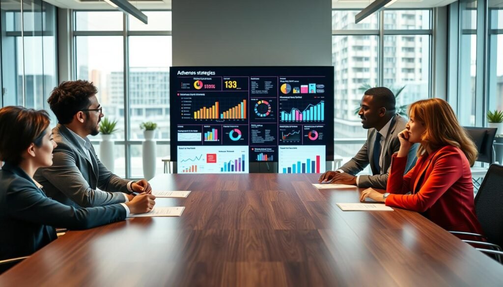 A modern office setting with a large conference table at the foreground, where a diverse group of four professionals in business attire are engaged in a strategic discussion about advertising strategies. In the middle, a large screen displays colorful charts and graphs illustrating ad performance metrics and audience engagement data, showcasing a thoughtful analysis of campaign effectiveness. The background features a bright and airy office space with large windows letting in natural light, creating an optimistic mood. The lighting is warm and inviting, with a focus on the professionals' expressions of concentration and collaboration. Capture the atmosphere of insightful discourse and critical thinking about advertising misconceptions, with a lens angle that emphasizes teamwork and analytical dialogue.