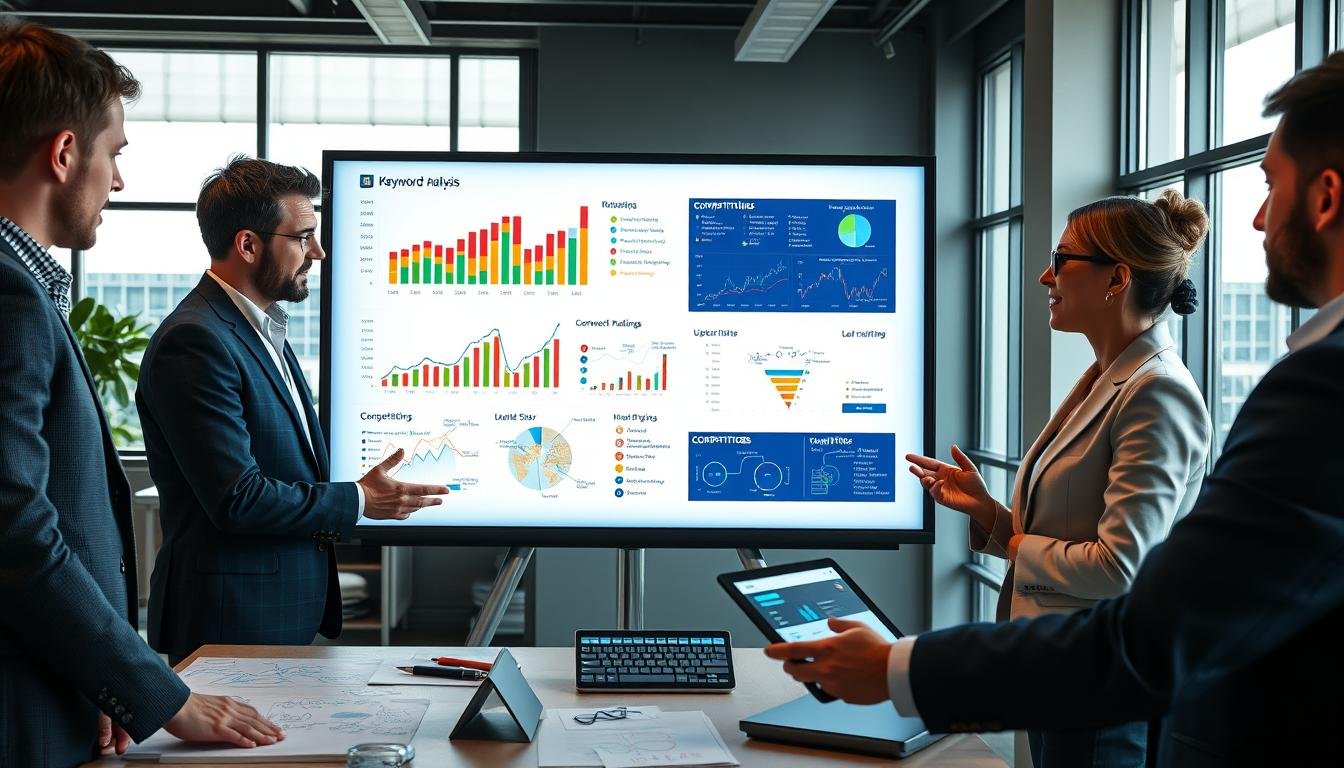 A professional and dynamic workspace displaying a competitive analysis for SEO keyword ranking strategies. In the foreground, a diverse group of three professionals (two men and one woman) in business attire are engaged in discussion over a large interactive screen displaying colorful graphs and charts illustrating keyword rankings and competitor performance. The middle ground features a whiteboard filled with handwritten notes, brainstorming ideas, and a digital tablet showing SEO analytics. The background features a modern office setting with large windows allowing natural light to illuminate the room, creating a bright and energetic atmosphere. The mood conveys collaboration and strategic thinking, emphasizing the importance of effective competitive analysis in enhancing SEO.