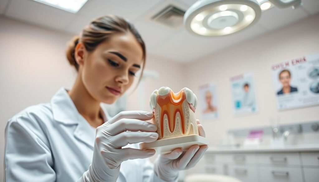 A professional dental nurse in a bright, modern dental clinic, carefully inspecting a dental model that represents a root canal treatment. In the foreground, the nurse, dressed in a neat white coat and gloves, focuses intently, highlighting her expertise and dedication. In the middle, the dental model shows intricate details of the tooth structure, emphasizing the importance of care following the treatment. The background features soft lighting from overhead lamps, with dental tools neatly arranged on a counter and clinical posters on the walls. The atmosphere is calm and reassuring, conveying professionalism and the significance of attentive aftercare in dental health. The angle is slightly elevated, providing a comprehensive view of the scene.