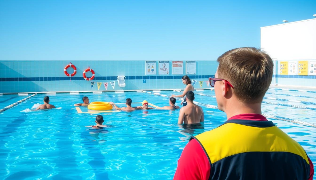 A serene swimming pool scene illustrating various safety measures and injury prevention practices in a swimming club setting. In the foreground, a lifeguard wearing a professional uniform attentively watches swimmers in the water. In the middle ground, a clearly marked safety area features life-saving equipment such as buoy rings and first aid kits, while a group of swimmers in modest swim attire executes safety drills under the supervision of a coach. In the background, a bright, clear sky illuminates the scene, highlighting informative safety posters displayed on the pool walls. The overall atmosphere conveys a sense of professionalism, vigilance, and commitment to safety, capturing the essence of safety protocols in aquatic environments. Natural lighting enhances the clarity and freshness of the scene, emphasizing a safe and encouraging environment for swimming practice.