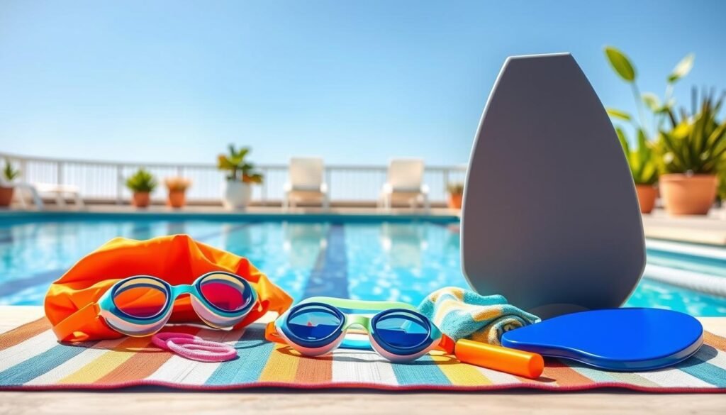 A visually appealing and informative illustration showcasing the essential swimming gear for beginners, laid out on a bright, sunny day by the poolside. In the foreground, a colorful array of swimming essentials like goggles, a swim cap, a towel, and a kickboard are neatly arranged on a vibrant pool mat. In the middle ground, a clean swimming pool reflects the sunlight, surrounded by deck chairs and plants that add a touch of greenery. In the background, a clear blue sky enhances the cheerful atmosphere. The composition should have bright and inviting colors, emphasizing a sense of fun and readiness for swimming lessons. The lighting is warm, suggesting a sunny, pleasant day ideal for swimming.
