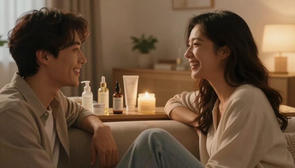 A serene and intimate scene illustrating the benefits of using personal wellness products, focusing on tranquility and satisfaction. In the foreground, a couple is softly interacting, dressed in comfortable home attire, sharing a warm smile and laughter, symbolizing emotional connection. The middle features an aesthetically arranged shelf with elegant personal wellness products, hinting at exploration and comfort. The background features a softly lit, cozy living space, with warm lighting creating a cinematic atmosphere, and plush furnishings that evoke a sense of relaxation. The camera angle captures the intimacy and warmth of the moment, emphasizing the joys of mutual satisfaction in a nurturing environment.