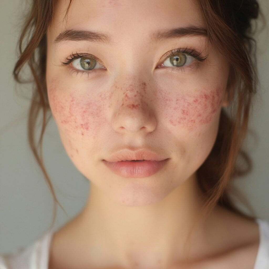 A young woman with freckles on her face
