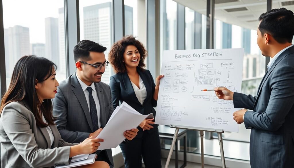 A modern office environment showcasing a diverse team of professional business consultants working collaboratively. In the foreground, a focused Asian woman in formal attire, reviewing documents on a laptop, and a Caucasian man in a suit, discussing strategies. In the middle ground, a Black woman is enthusiastically presenting to her colleagues using a whiteboard filled with charts and diagrams, depicting business registration processes. The background features large windows with city views of Hong Kong's skyscrapers, letting in bright natural light. The atmosphere is dynamic and professional, emphasizing teamwork and efficiency. The image conveys a sense of support and expertise in establishing businesses, with a clear focus on collaboration and compliance.