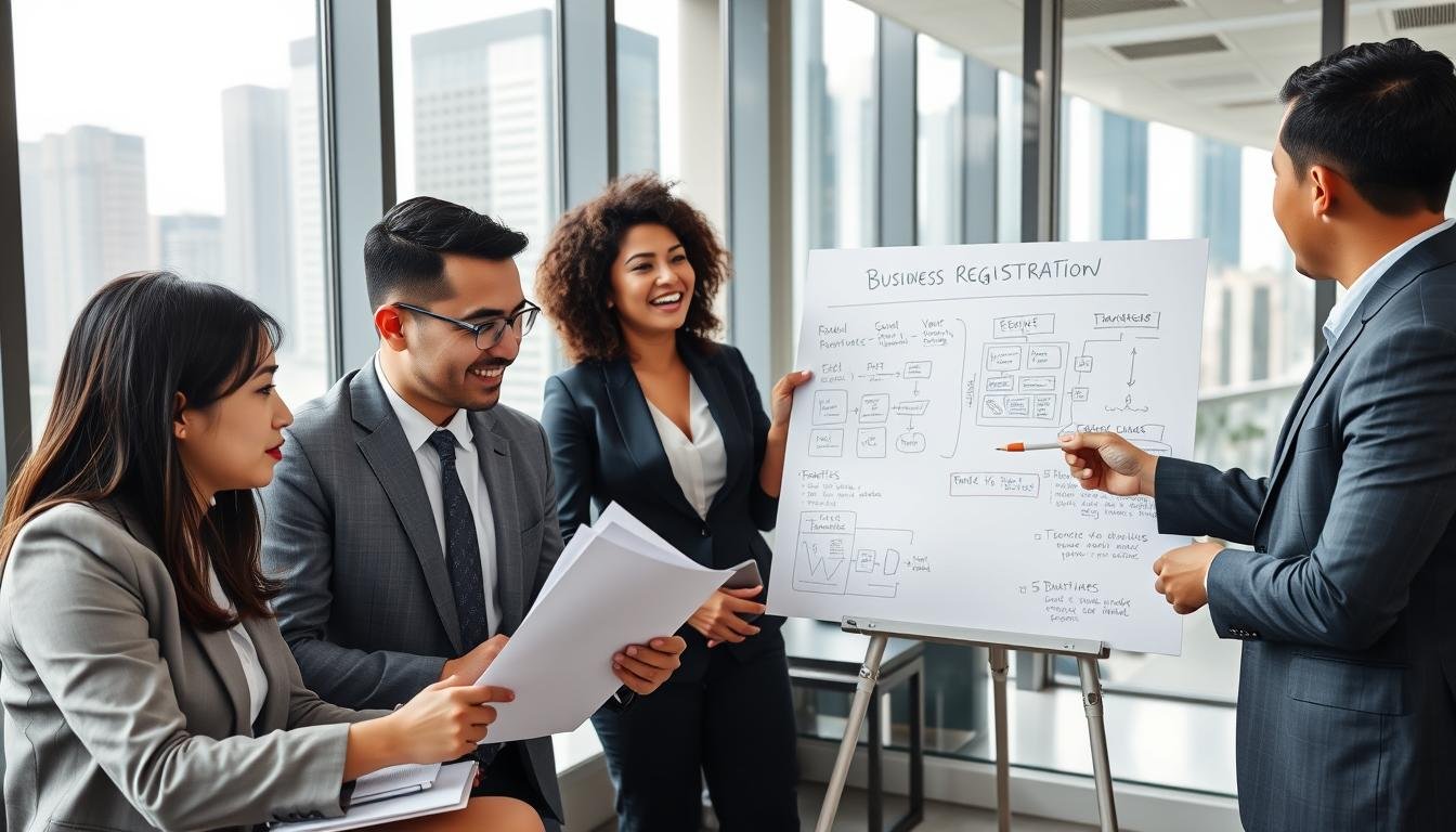 A modern office environment showcasing a diverse team of professional business consultants working collaboratively. In the foreground, a focused Asian woman in formal attire, reviewing documents on a laptop, and a Caucasian man in a suit, discussing strategies. In the middle ground, a Black woman is enthusiastically presenting to her colleagues using a whiteboard filled with charts and diagrams, depicting business registration processes. The background features large windows with city views of Hong Kong's skyscrapers, letting in bright natural light. The atmosphere is dynamic and professional, emphasizing teamwork and efficiency. The image conveys a sense of support and expertise in establishing businesses, with a clear focus on collaboration and compliance.