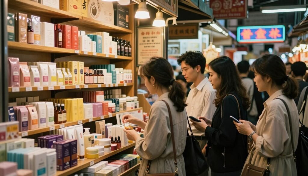 A vibrant scene in a Hong Kong market dedicated to intimate wellness products, emphasizing the rich cultural context surrounding their use. The foreground features a diverse group of people in professional attire, browsing elegantly designed shelves stocked with various items. In the middle ground, warm lighting accentuates the textures of colorful packaging and displays, creating a cozy atmosphere. The background reveals the bustling market environment, with traditional stalls and neon signs, showcasing the fusion of modernity and tradition. The overall mood is intimate and inviting, with a cinematic vibe, reflecting the psychological benefits of exploring these products in a safe and supportive setting. A 4:3 aspect ratio captures the closeness of the scene while enhancing the cultural richness.