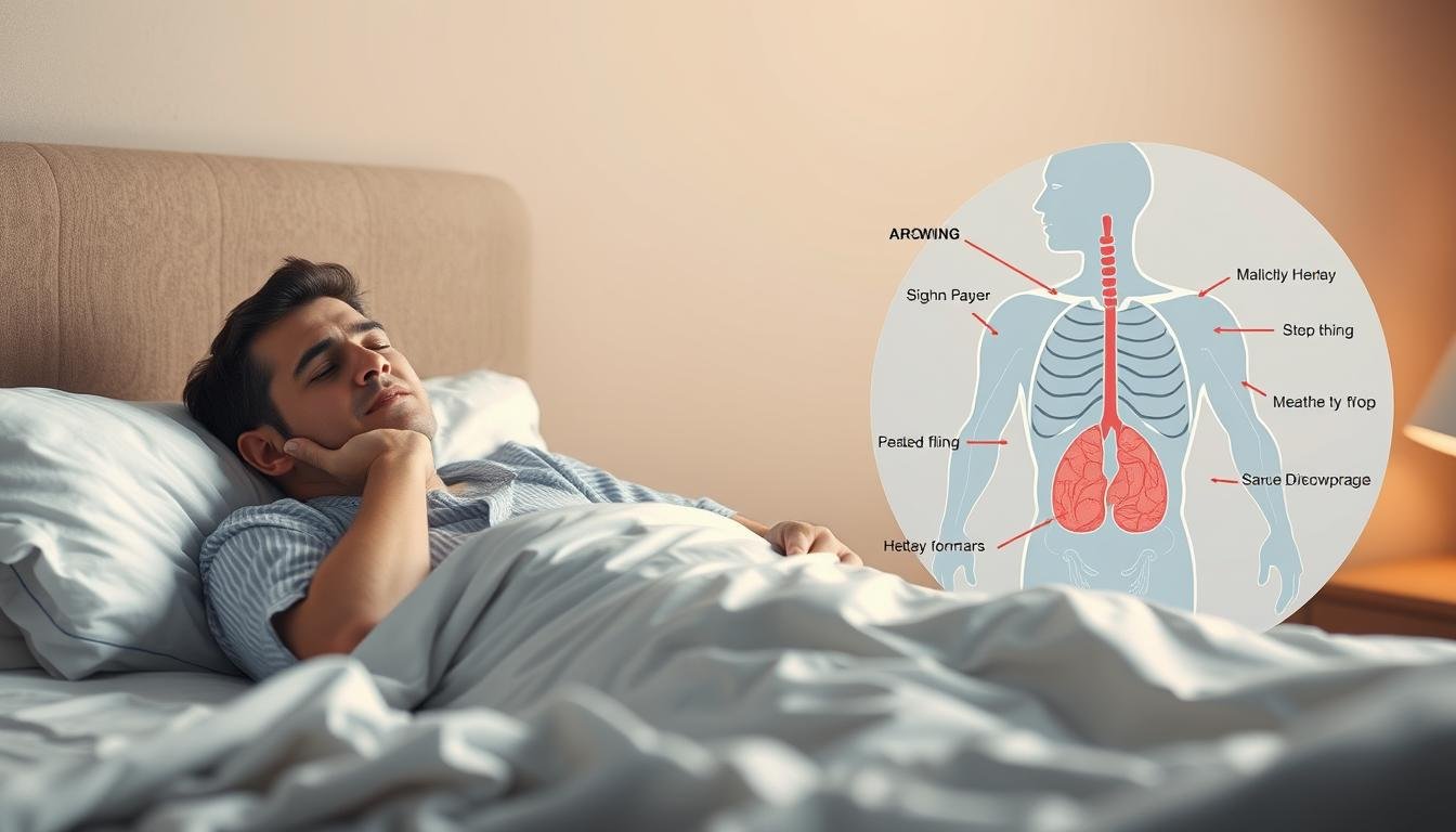 A detailed illustration of health impacts caused by snoring. In the foreground, depict a worried individual lying in bed, clearly distressed by their snoring, wearing modest pajamas. In the middle ground, visualize a stylized anatomical diagram illustrating airways, highlighting potential blockages, with subtle indicators of related health issues like fatigue and discomfort. In the background, create a soft-focus bedroom setting with gentle lighting to evoke a sense of calm yet concern. Use a warm color palette to enhance the comforting mood, while a slight vignette effect directs focus towards the snoring individual and the anatomical diagram, illuminating the connection between snoring and health.