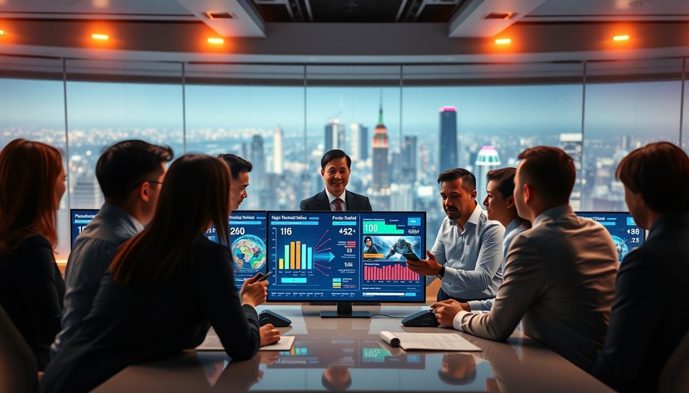 A vibrant and modern digital gaming environment representing "3A Entertainment's core values and service quality". In the foreground, depict a diverse group of professionals in business attire engaged in a dynamic brainstorming session, showcasing teamwork and innovation. The middle ground features sleek digital screens displaying gaming graphics and metrics, symbolizing high standards and customer satisfaction. In the background, a sophisticated panoramic view of a futuristic cityscape illuminated with neon lights, indicating the thrilling atmosphere of the entertainment industry. Utilize soft, bright lighting to create an inviting and energetic mood, with a focus on clarity and professionalism. The composition should emphasize collaboration and excellence, embodying the essence of 3A Entertainment.