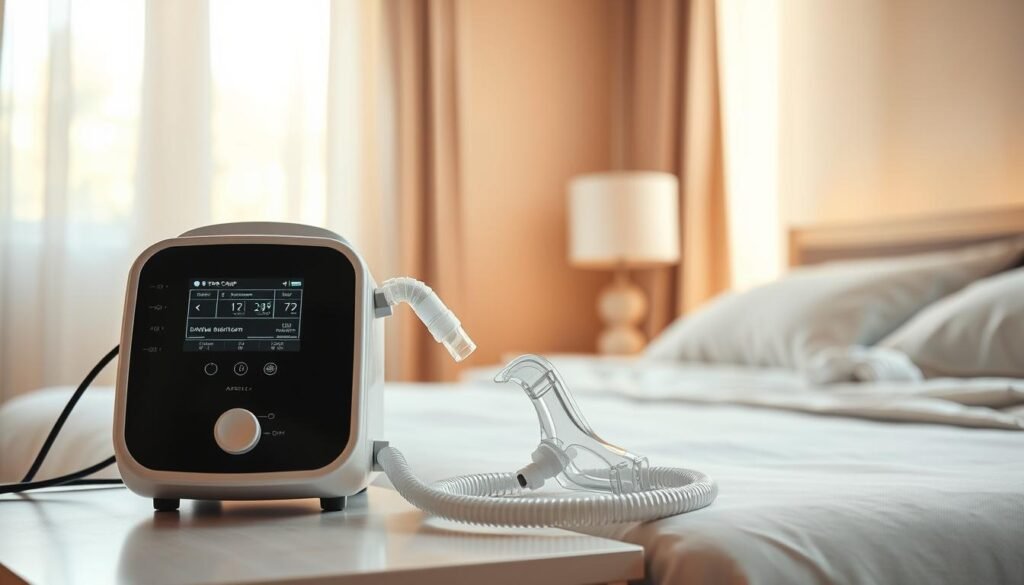 A detailed image of a modern CPAP machine set in a well-lit, cozy bedroom environment. In the foreground, the CPAP device is clearly visible, showcasing its sleek design and various settings on the digital display. The machine is connected to a soft, transparent hose that leads to a comfortable nasal mask resting on a bedside table. In the middle ground, a neatly made bed with soft linens and pillows creates a serene atmosphere. The background features warm, natural lighting streaming in through a window adorned with light curtains, enhancing the feeling of tranquility and health. The overall mood is calming and supportive, ideal for illustrating the role of CPAP machines in improving respiratory health. The image should be professional, with no people present, ensuring clarity and focus on the CPAP device.