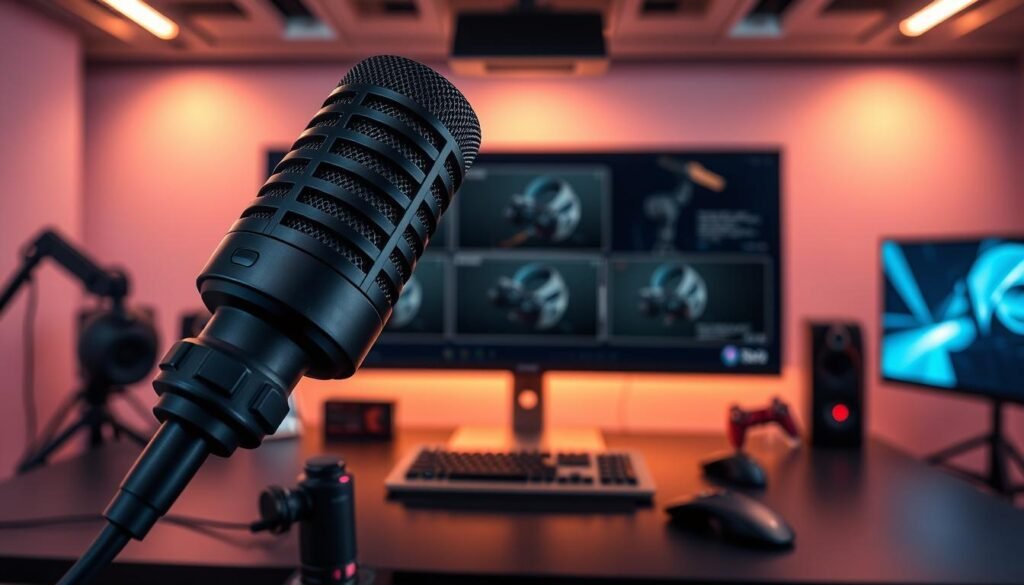 A highly detailed 3A multi-angle microphone setup showcasing its unique features. In the foreground, showcase the microphone with a sleek, modern design, capturing intricate details like the mesh grille and control knobs. In the middle ground, display various camera angles providing perspectives on the mic's ergonomic shape and high-definition card-cutting feature. The background should depict a professional gaming environment with soft, ambient lighting that highlights the gear's functionality. Use a wide-angle lens to enhance depth and perspective, capturing a dynamic yet polished atmosphere that conveys innovation in video gaming experiences. The mood should be engaging and sophisticated, appealing to gaming enthusiasts seeking realism in their gameplay.