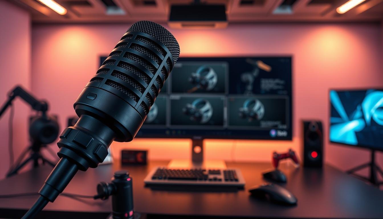A highly detailed 3A multi-angle microphone setup showcasing its unique features. In the foreground, showcase the microphone with a sleek, modern design, capturing intricate details like the mesh grille and control knobs. In the middle ground, display various camera angles providing perspectives on the mic's ergonomic shape and high-definition card-cutting feature. The background should depict a professional gaming environment with soft, ambient lighting that highlights the gear's functionality. Use a wide-angle lens to enhance depth and perspective, capturing a dynamic yet polished atmosphere that conveys innovation in video gaming experiences. The mood should be engaging and sophisticated, appealing to gaming enthusiasts seeking realism in their gameplay.